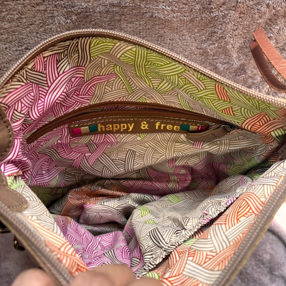 The Sak Tan Leather Embossed Floral Mandala Crossbody Bag Happy & Free Lining - Picture 8 of 11